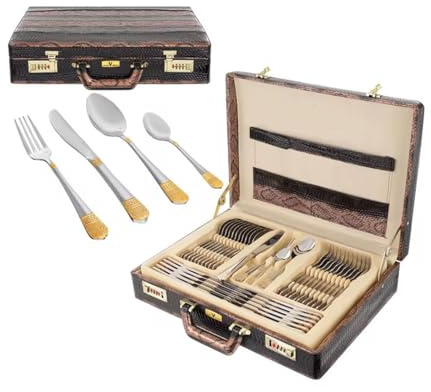 Cubertería Medusa 24 k 72 piezas 12 personas Exclusivo Lujo Cubertería Set con maletín de piel 18/10 de acero inoxidable de alta calidad y apto para lavavajillas