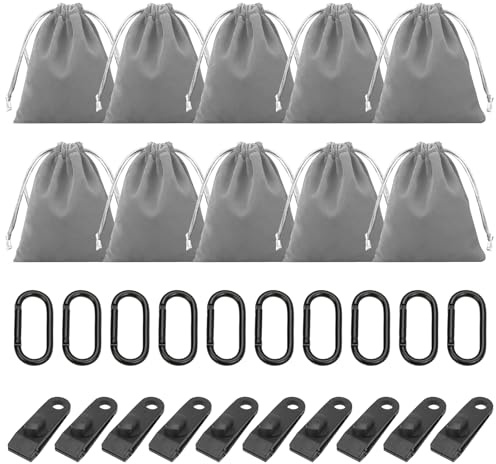 10 Stück Tragbare Gewichtstasche für Pavillon-Vorhänge im Freien, 10 Braun Nylon Gewichtstaschen mit 10 Karabiner & 10 Clips für Befestigen von Außenvorhängen, Zelten, Tischdecken, Sport(Grau)