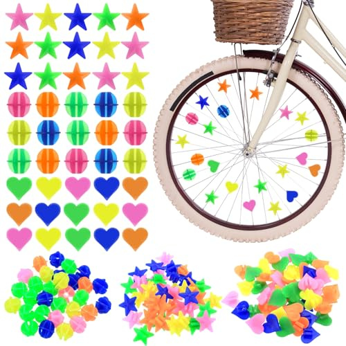 250 PcsBike Spoke Beads, Colorful Bicycle Spokey Dokeys, Multicoloured Plastic Clip Wheel Bicycle Reflectors, Bike Wheel Spokes Beads for Bike Accessories Spoke Decorations(Round, Star, Heart)