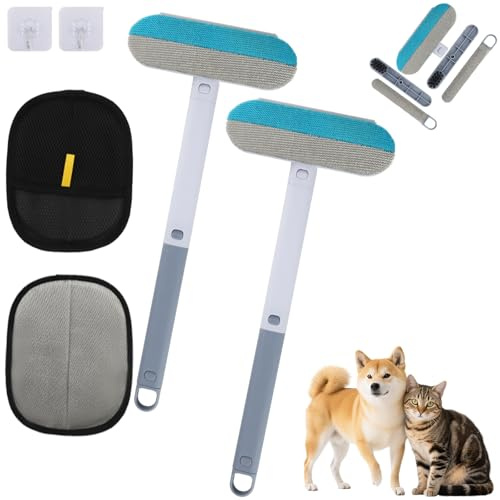 Zosenyer Kit 2 en 1 Brosse Anti Poils d'animaux 2 Gants Brosse Double Face à Manche Télescopique, Mini Brosse Crochets & Nettoyage Sec Humide pour Canapé Tapis, Vêtements, Fenêtres Dépoussiére