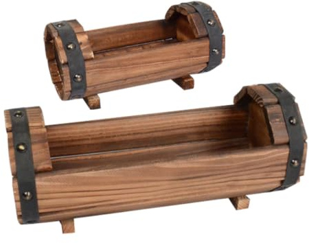 2pcs Set Half Barrel Planter Wooden Box Brown Carbonized Anticorrosive | Barrel Planter, Flower Container for Garden Ornaments, Decorative Half Barrel Style
