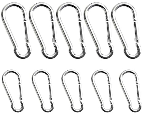 Set 10 Moschettoni in Lega di Alluminio – 5pcs 6×60mm + 5pcs 8×80mm, Colore Argento, Moschettoni Resistenti con Molla per Campeggio, Tende, Pesca, Escursioni, Portachiavi