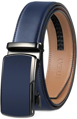 ITIEZY Cintura Uomo Blu in Pelle, Cintura a Cricchetto Senza Buchi, Regolabile con Fibbia Automatica, Larghezza 35 mm, Misura Personalizzata