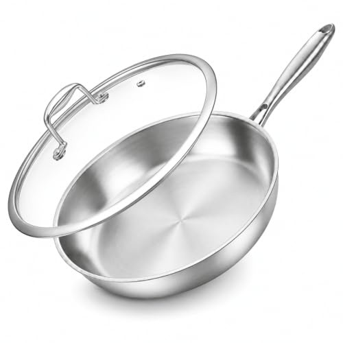 Nontoxicook Professional 24cm Tri-Ply Stainless Steel Frying Pan with Lid | Uncoated, PTFE & PFOA Free, Compatible with All Cooktops up to 315℃, Fast & Even Heat, Skillet, Induction Cooking Pan