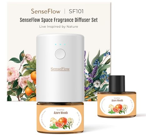 SenseFlow Essential Oil Diffuser Waterless Ultrasonic SF101 Pro - 100% Plant-Based, LED Light, Adjustable Modes, 100㎡ Covers, 120-Day Aroma, Air Freshener & Aromatherapy - Azure Woods