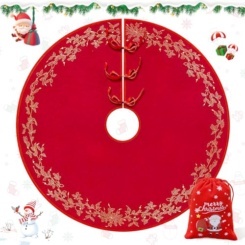 Kuvarix Jupe de Sapin de Noël 120cm, Cache Pied Sapin de Noel Livré avec Un Sac de Rangement, Motif Doré, Parfait pour Décorer Les Arbres de Noël (Rouge)