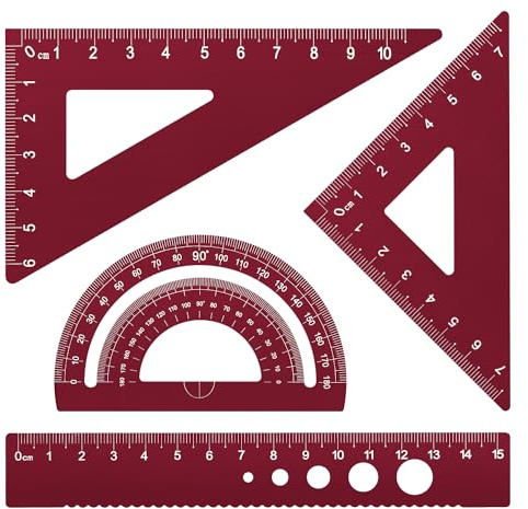 MSDADA Set di Strumenti per Geometria - Righello 15 cm in Lega di Alluminio, Goniometro, Triangoli 45°&60°, Set di 4 per Studenti della Scuola Media e Insegnanti (Fucsia)