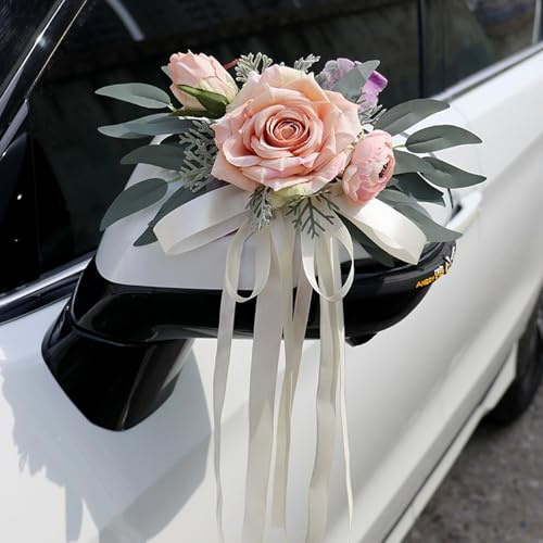 LIMEOW 2 Stück Autoschleifen Hochzeit, Schleifenband Hochzeit, Schleifen Hochzeit Auto, Just Married Auto Dekorationsartikel für Autospiegel, Hochzeitsautos, Geburtstagsfeiern Usw, Champagnergold