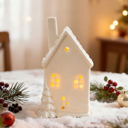 Skeadex Räder Lichthaus Weihnachtsdorf Mit Beleuchtung Weihnachtsschmuck Weisse Lichthäuser, LED Lichthaus Weihnachtshäuser Keramik Weiß Teelichthalter Windlicht, Weihnachten Schmuck für Fenster (A)
