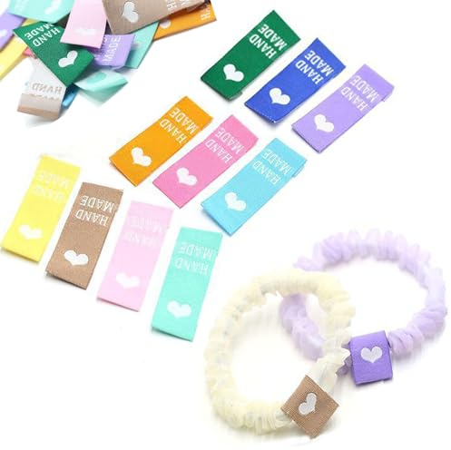 LIANCHEN 60 Pcs Handmade Label zum Annähen Knitting Labels zum Annähen Etiketten Handmade Etiketten Zehn Farben Handgefertigte Artikel für Wollmützen, Strickschals und Haarbänder (Buntes Herz)