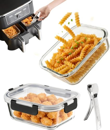 MOWETOO 2 Stück Glas Auflaufform für Airfryer, Mit Edelstahl Zange | 20x15 cm, Airfryer Zubehör passend für Cosori, Ninja, Philips uvm., Kratztfest, Gut verschließen, Spülmaschinenfest, 2x1L