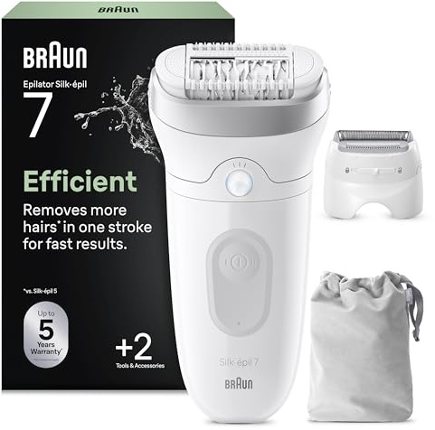 Braun Silk Epil 7 Epilatore Elettrico Donna Con Testina Ampia Per Facile Rimozione Peli, Rasoio Elettrico Donna, Wet&Dry, Pelle Liscia A Lungo, Con Testina Radente, Cappuccio Regolatore,7-030,Argento