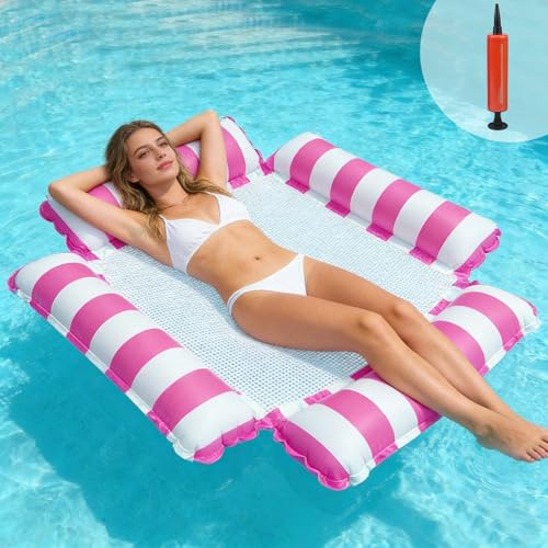 TENGWA Hamac Piscine 4 en 1 Bouee Adulte XL Matelas Piscine Filet Rose Hamac Gonflable avec Filet et Pompe à Air Matelas Gonflable Plage Pliable pour Adultes et Enfants et Plage