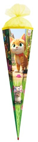 ROTH Schultüte 85 cm groß, Motiv Miez und Maus mit Rot(h)-Spitze, 6-eckig und Tüllverschluss