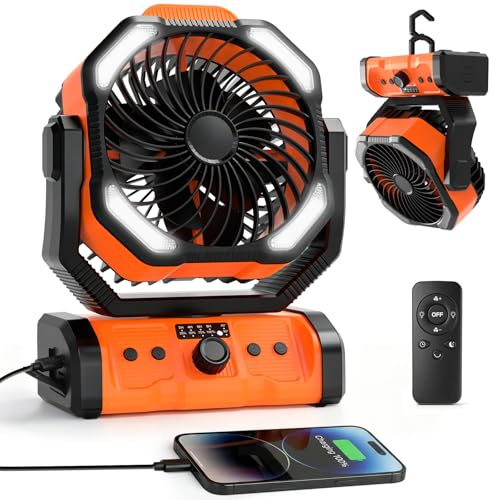 ELZO Camping Ventilador 20000mAh, Portátil Recargable para Escritorio Tienda de Campaña con Control Remoto y Gancho, Luz LED, Ventilador USB de Velocidad Continua, Hogar Exterior Viajes Pesca