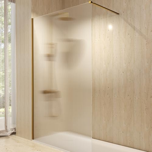 IMEX - Mampara Ducha Fija Dorada 80cm Frontal con Brazo de Sujeción | Mampara de Cristal Antical y Perfilería de Aluminio con 200cm de Altura | Vidrio con Grosor 8mm y Sistema de Montaje Fácil