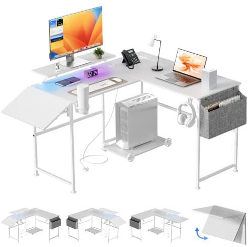 L Shaped Computer Desk with Folding Desk Extender Tray & Power Outlet,White | (110-150)cm×50cm Reversible Corner Desk with LED Lights. Gaming Desk with Monitor Stand&Storage Bag&Hook for Home Office.