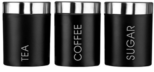 Kabalo Noir ANGLAIS Ensemble de 3 thé Café et sucre Canisters Rangement Cuisine conteneurs Jars Pots (10cm x 12cm chacun) [Black Set of 3 Tea Coffee & Sugar Canisters Kitchen Storage Containers Jars Pots (10cm x 12cm each)]