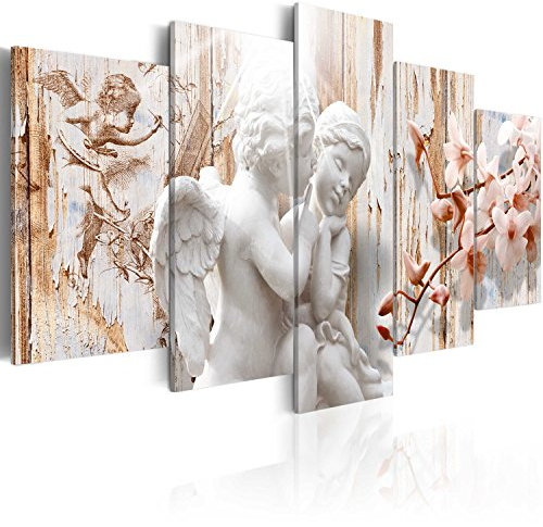 B&D XXL - Wandbilder XXL Engel Vintage 200x100cm 5 tlg - Wand Deko Leinwand Bilder Groß Wanddeko Wohnzimmer Schlafzimmer Kunstdrucke - Orchidee Holzoptik Liebe h-C-0001-b-m