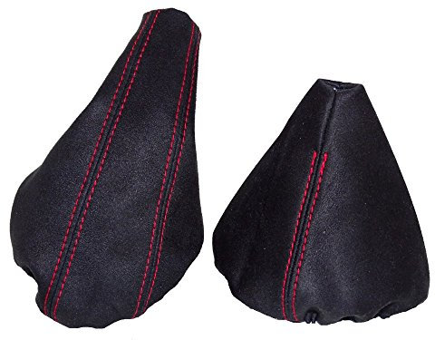 Schaltsack und Handbremsmanschette, schwarzes Wildleder, rote Naht