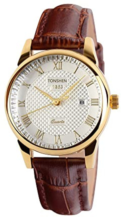 TONSHEN Herrenuhr und Damenuhr Analog Quarzuhr Golden Edelstahl Lünette mit Braun Leder Band Uhren Armbanduhr Römische Ziffer Kalender Uhr für Herren Damen