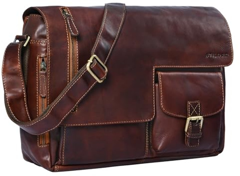 STILORD Mika Ledertasche Vintage braun Herren Damen Uni Büro Arbeit große Umhängetasche Aktentasche für DIN A4 Aktenordner Laptoptasche 15.6 Zoll Echtleder Farbe:Cognac - braun