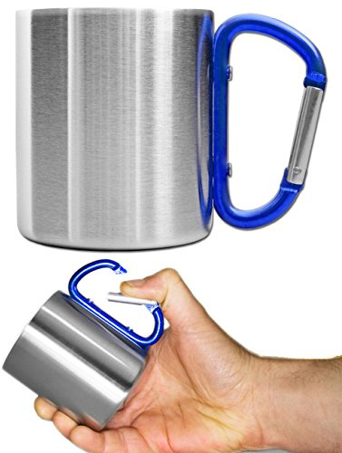 Outdoor Saxx® – Outdoor Mug, Camping Mug, Compact Lightweight 180 ml with Screwed Blue Carabiner Handle Stainless Steel for Hiking, Trekking, Work