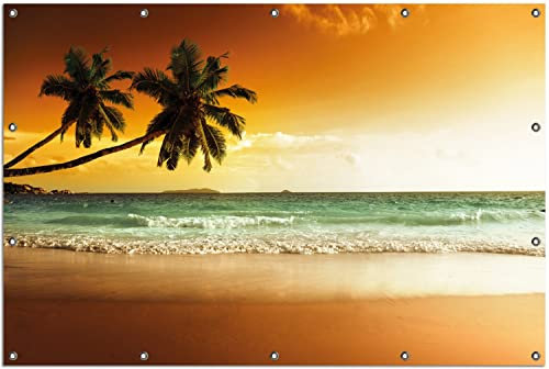 Wallario Outdoor-Poster für Garten oder Balkon Palmen am Sandstrand bei untergehender Sonne, Motivbanner Größe: ca. 120 x 180 cm, Outdoor-Bild