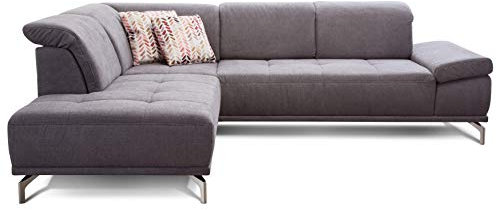 Cavadore Ecksofa Carly mit Federkern, Sitztiefe und Kopfstütze verstellbar im Design, 273 x 81 x 234, Webstoff grau