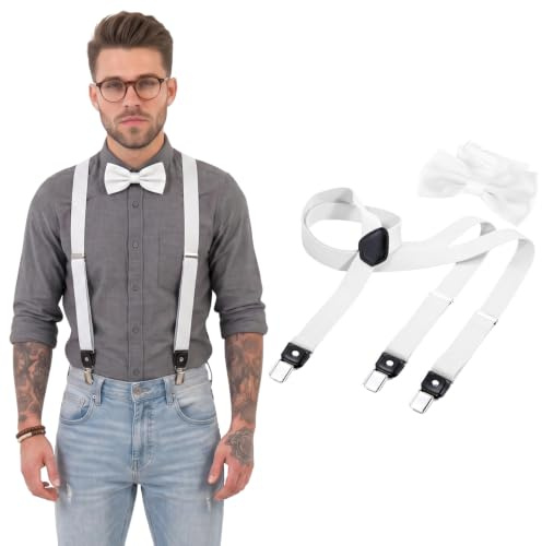 DonDon Hosenträger und Fliege Set für Damen und Herren, Y-Form, 2,5 cm breit, handgefertigt - Elegantes Accessoire für Hochzeit, Party, Smoking