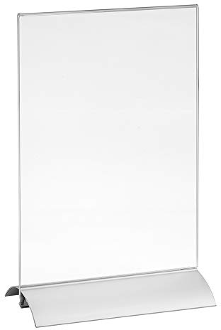 Doppelseitiger Tischaufsteller DIN A5 Hoch mit Aluminiumfuß Werbeaufsteller | Senkrechte Acrylglastasche, einfacher Blattwechsel, modern, schlicht, haltbar, leicht, glaskare Optik, glänzende Kanten edel