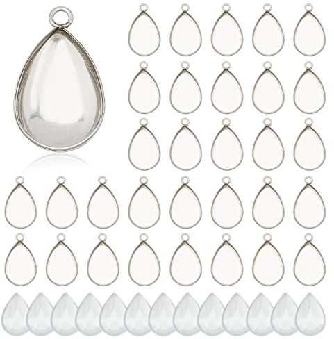 Pandahall Elite 50 Sets Lünette Anhänger Rohlinge Einstellungen mit 50 Stück Drop Anhänger Trays Lünette Rohlinge und 50 Stück Glas Cabochons Clear Dome für Foto Schmuckherstellung