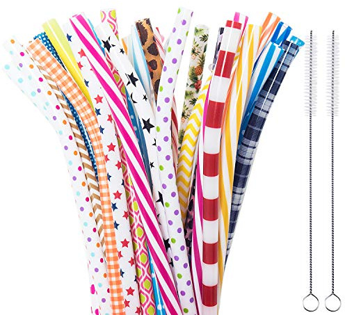 SUBANG 50 Pack Bent Reusable Straws, BPA-Free, 9 Colorful Hard Plastic Stripe Drinking Straw for Mason Jar Tumbler, Family or Party Use With Cleaning Brush