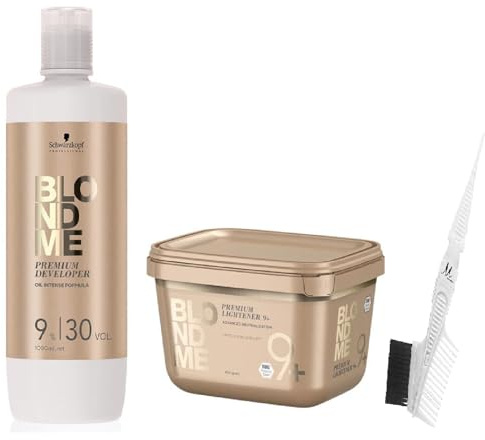 Schwarzkopf BlondMe Bond Enforcing Premium Lightener 9+ Dust Free 450g, Schwarzkopf BlondMe Premium Developer 9% / 30 Volume 1L, M Hair Designs Tint Brush/Comb (Bundle - 3 items)