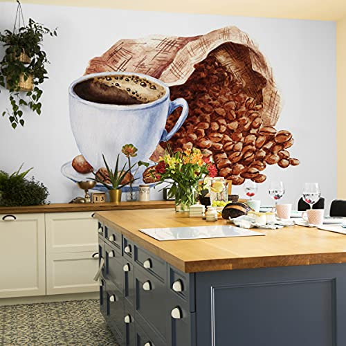 Muralo Fantastisk självhäftande fototapet väggdekoration 254 x 184 matsal påse kaffe akvarell modern tapet kök restaurang väggmålningar tapet XXL lyx abstrakt Br. 254 cm x höjd 184 cm