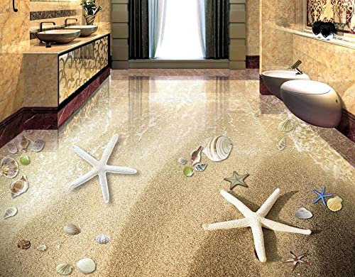 Vinyl Bodenbelag Romantischer Strand Seestern Conch 3D Bodenbelag Fototapete Wohnzimmer Schlafzimmer Bodenfliesen-350X245Cm 3D Pvc Bodenbelag Benutzerdefinierte Foto Selbstklebende Wasserdichte Bode