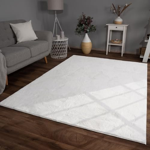 TT Home Wohnzimmer Teppich Hochflor Langflor Kunstfell Weich Modern Unifarben Flauschig, Farbe:Weiß, Größe:200x280 cm