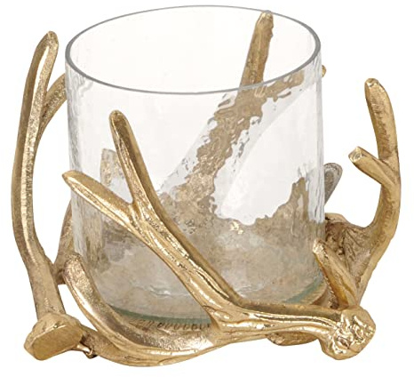 Windlicht Geweih mit Glaseinsatz Kerzenhalter Glaswindlicht Metall Gold edel Hirsch D=22 cm