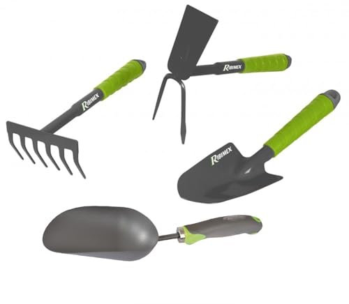 Lot 4 outils de jardinage, Pelle à terreau, serfouette, rateau, transplantoir pour fleurs