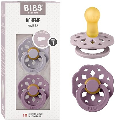 BIBS Boheme Soother 2-Pack. BPA Free Dummy Pacifier, Round Nipple. Natural Rubber Latex, Made in Denmark. 0-6 Months (Pack of 2), Fossil Grey/Mauve