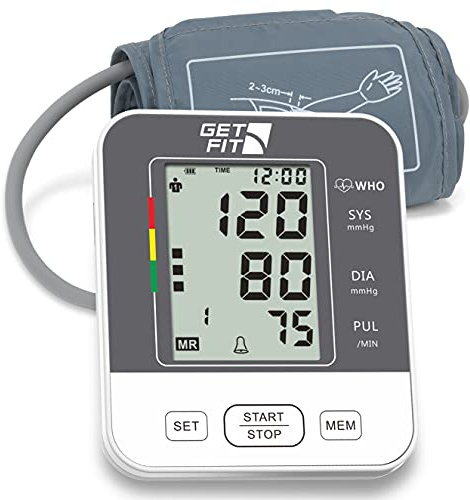 Get Fit Tensiómetro para Uso Doméstico - Tensiómetro Médico de Brazo - Pulsómetro - Memoria 2x99 - Brazalete Grande para Adultos - Esfigmomanómetro con Pantalla LCD - Gris - 35-52cm