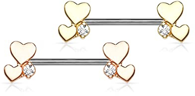 beyoutifulthings Brustwarzen-piercing Herzen Gold Roségold Zirkonia Clear Brust-piercing Nippel-piercing Intim-piercing Chirurgenstahl Stab 14-mm