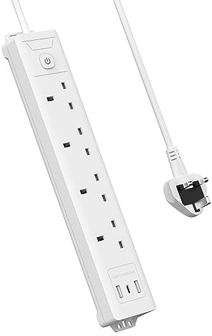 Mscien 4 Way 5m Extension Lead with USB Slots (1 USB C), Long Plug Extension Lead with 5 Metre Extension Cable Cords, Plug Extender Wall Mount, 4 Gang Socket Power Strip with Switch Multiplug