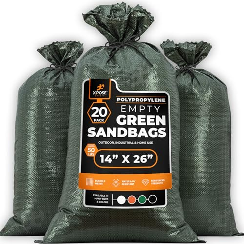 Xpose Safety Robuste Sandsäcke mit Schnüren, leer, gewebter Polypropylen-Sandsäcke für Hurrikan-Hochwasserschutz, 22,7 kg Kapazität, 35,6 x 66 cm, Grün, 20 Stück