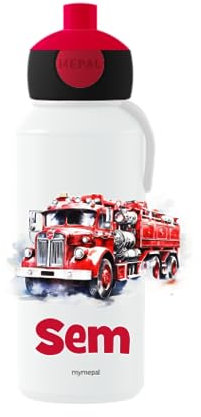 Mepal Personalisierte Trinkflasche mit Namen - Wasserflasche für Kinder Pop-up Campus - Feuerwehr - Auslaufsichere Flasche für Schule - BPA-frei & Spülmaschinenfest - 400 ml - US Feuerwehrauto