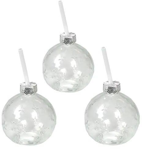 Weihnachtlich geformte Trinkgläser, Trinkhalm – 400 ml – 3x Kugel, Schnee | Für Dekoration & Lieblingsgetränk zum Fest – Trinkgefäße mit Strohhalm als Eyecatcher auf deiner Tafel – Seaside No.64