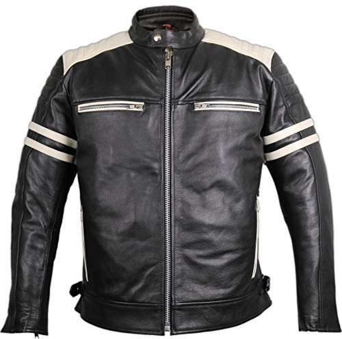 MDM Retro motorcykel läderjacka 80 odschool med skydd, Svart/vit, XXL