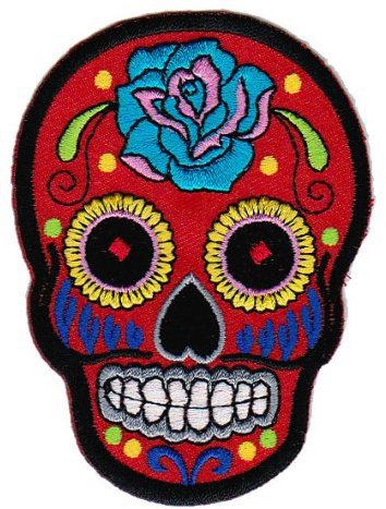 Totenkopf Rot Rose Aufnäher zum aufbügeln aufnähen Bügelbild Aufbügler für Kleidung gestickter Bügelflicken Mexiko Applikation Mexikanischer Schädel Skull Día de los Muertos Patch Größe 6,6 x 9 cm