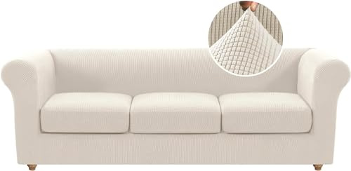 LINGKY Stretch Chesterfield Sofa Überzug 3 Sitzer, Elastischer Sofabezug Mit 3 Separaten Sofa Sitzkissenbezug, Elasthan Couch Überzug, Sofaschutz Katze Sofaüberwurf (Elfenbein,3 Sitzer)