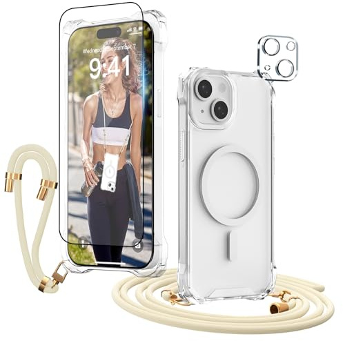 Beige Handykette für iPhone 13 Hülle mit Band Panzerglas Kameraschutz